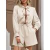 imageCicy Bell Womens Casual Short Rompers Cute Tie Front Long Lantern Sleeve Shorts Jumpsuits with Pockets 2025 Fall OutfitsBeige