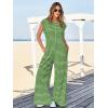 imageCicy Bell Womens Casual Striped Jumpsuits Wide Leg Cap Sleeve Summer Jumper Crew Neck Button Down Waffle Knit OutfitsArmy Green