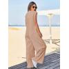 imageCicy Bell Womens Casual Striped Jumpsuits Wide Leg Cap Sleeve Summer Jumper Crew Neck Button Down Waffle Knit OutfitsBeige