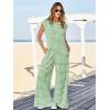 imageCicy Bell Womens Casual Striped Jumpsuits Wide Leg Cap Sleeve Summer Jumper Crew Neck Button Down Waffle Knit OutfitsGreen