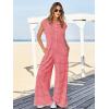 imageCicy Bell Womens Casual Striped Jumpsuits Wide Leg Cap Sleeve Summer Jumper Crew Neck Button Down Waffle Knit OutfitsPink