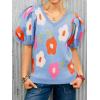 imageCicy Bell Womens Puff Short Sleeve Sweater Tops 2026 Spring Summer Floral Pullover V Neck Casual Knit T ShirtsSky Blue