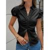 imageCicy Bell Womens Short Puff Sleeve Button Down Shirts Summer V Neck Ruched Cotton Tops Casual Dressy Slim Fit BlousesBlack