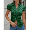 imageCicy Bell Womens Short Puff Sleeve Button Down Shirts Summer V Neck Ruched Cotton Tops Casual Dressy Slim Fit BlousesDeep Green