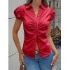 imageCicy Bell Womens Short Puff Sleeve Button Down Shirts Summer V Neck Ruched Cotton Tops Casual Dressy Slim Fit BlousesRed