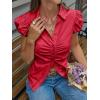 imageCicy Bell Womens Short Puff Sleeve Button Down Shirts Summer V Neck Ruched Cotton Tops Casual Dressy Slim Fit BlousesRed