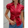 imageCicy Bell Womens Short Puff Sleeve Button Down Shirts Summer V Neck Ruched Cotton Tops Casual Dressy Slim Fit BlousesRed