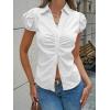 imageCicy Bell Womens Short Puff Sleeve Button Down Shirts Summer V Neck Ruched Cotton Tops Casual Dressy Slim Fit BlousesWhite