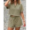 imageCicy Bell Womens Striped 2 Piece Short Sets Summer Short Sleeve Collared V Neck Cropped Tops Vacation Casual Lounge OutfitsArmy Green