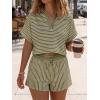 imageCicy Bell Womens Striped 2 Piece Short Sets Summer Short Sleeve Collared V Neck Cropped Tops Vacation Casual Lounge OutfitsArmy Green