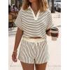 imageCicy Bell Womens Striped 2 Piece Short Sets Summer Short Sleeve Collared V Neck Cropped Tops Vacation Casual Lounge OutfitsBeige