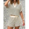 imageCicy Bell Womens Striped 2 Piece Short Sets Summer Short Sleeve Collared V Neck Cropped Tops Vacation Casual Lounge OutfitsBeige
