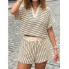 imageCicy Bell Womens Striped 2 Piece Short Sets Summer Short Sleeve Collared V Neck Cropped Tops Vacation Casual Lounge OutfitsBrown