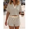 imageCicy Bell Womens Striped 2 Piece Short Sets Summer Short Sleeve Collared V Neck Cropped Tops Vacation Casual Lounge OutfitsBrown