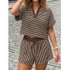 imageCicy Bell Womens Striped 2 Piece Short Sets Summer Short Sleeve Collared V Neck Cropped Tops Vacation Casual Lounge OutfitsCoffee