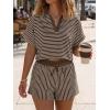 imageCicy Bell Womens Striped 2 Piece Short Sets Summer Short Sleeve Collared V Neck Cropped Tops Vacation Casual Lounge OutfitsCoffee