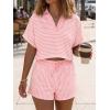 imageCicy Bell Womens Striped 2 Piece Short Sets Summer Short Sleeve Collared V Neck Cropped Tops Vacation Casual Lounge OutfitsPink