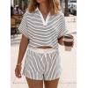 imageCicy Bell Womens Striped 2 Piece Short Sets Summer Short Sleeve Collared V Neck Cropped Tops Vacation Casual Lounge OutfitsWhite