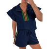 imageCicy Bell Womens 2 Piece Outfits Summer Color Block Tracksuits Quarter Zip Cap Sleeve Tops Elastic Waist Shorts Lounge SetsNavy