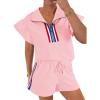 imageCicy Bell Womens 2 Piece Outfits Summer Color Block Tracksuits Quarter Zip Cap Sleeve Tops Elastic Waist Shorts Lounge SetsPink