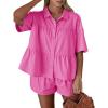 imageCicy Bell Womens 2 Piece Outfits Summer Pleated Button Down Shirts High Waisted Shorts Lounge Sets Bright Pink