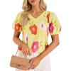imageCicy Bell Womens Puff Short Sleeve Sweater Tops 2026 Spring Summer Floral Pullover V Neck Casual Knit T ShirtsYellow