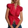 imageCicy Bell Womens Short Puff Sleeve Button Down Shirts Summer V Neck Ruched Cotton Tops Casual Dressy Slim Fit BlousesRed