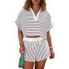 imageCicy Bell Womens Striped 2 Piece Short Sets Summer Short Sleeve Collared V Neck Cropped Tops Vacation Casual Lounge OutfitsWhite