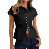 imageCicy Bell Womens Summer Button Down Shirts Short Sleeve Slim Fit Ruched Cotton Blouses Cute Going Out TopsBlack