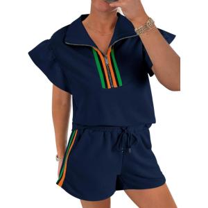 imageCicy Bell Womens 2 Piece Outfits Summer Color Block Tracksuits Quarter Zip Cap Sleeve Tops Elastic Waist Shorts Lounge SetsNavy