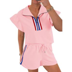 imageCicy Bell Womens 2 Piece Outfits Summer Color Block Tracksuits Quarter Zip Cap Sleeve Tops Elastic Waist Shorts Lounge SetsPink