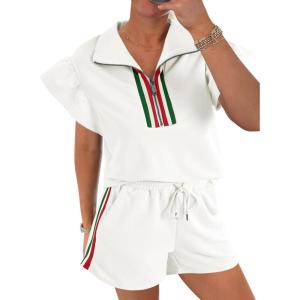 imageCicy Bell Womens 2 Piece Outfits Summer Color Block Tracksuits Quarter Zip Cap Sleeve Tops Elastic Waist Shorts Lounge SetsWhite