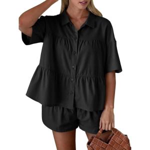 imageCicy Bell Womens 2 Piece Outfits Summer Pleated Button Down Shirts High Waisted Shorts Lounge Sets Black