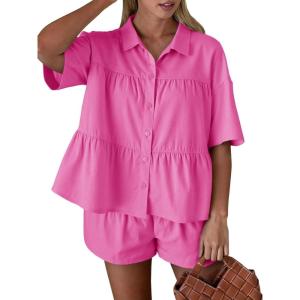 imageCicy Bell Womens 2 Piece Outfits Summer Pleated Button Down Shirts High Waisted Shorts Lounge Sets Bright Pink
