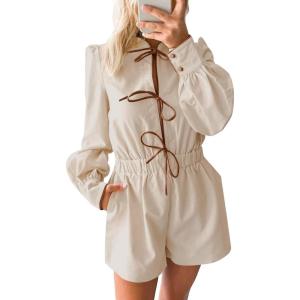 imageCicy Bell Womens Casual Short Rompers Cute Tie Front Long Lantern Sleeve Shorts Jumpsuits with Pockets 2025 Fall OutfitsBeige