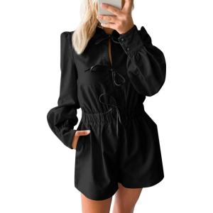 imageCicy Bell Womens Casual Short Rompers Cute Tie Front Long Lantern Sleeve Shorts Jumpsuits with Pockets 2025 Fall OutfitsBlack