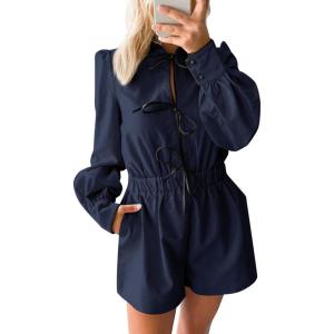 imageCicy Bell Womens Casual Short Rompers Cute Tie Front Long Lantern Sleeve Shorts Jumpsuits with Pockets 2025 Fall OutfitsNavy
