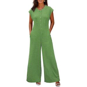 imageCicy Bell Womens Casual Striped Jumpsuits Wide Leg Cap Sleeve Summer Jumper Crew Neck Button Down Waffle Knit OutfitsArmy Green