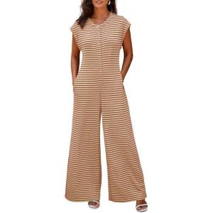 imageCicy Bell Womens Casual Striped Jumpsuits Wide Leg Cap Sleeve Summer Jumper Crew Neck Button Down Waffle Knit OutfitsBeige
