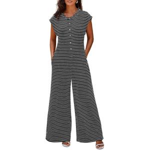 imageCicy Bell Womens Casual Striped Jumpsuits Wide Leg Cap Sleeve Summer Jumper Crew Neck Button Down Waffle Knit OutfitsBlack