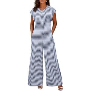 imageCicy Bell Womens Casual Striped Jumpsuits Wide Leg Cap Sleeve Summer Jumper Crew Neck Button Down Waffle Knit OutfitsBlue