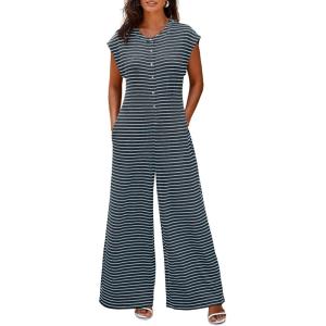 imageCicy Bell Womens Casual Striped Jumpsuits Wide Leg Cap Sleeve Summer Jumper Crew Neck Button Down Waffle Knit OutfitsCool Black