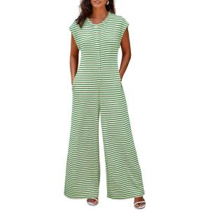 imageCicy Bell Womens Casual Striped Jumpsuits Wide Leg Cap Sleeve Summer Jumper Crew Neck Button Down Waffle Knit OutfitsGreen