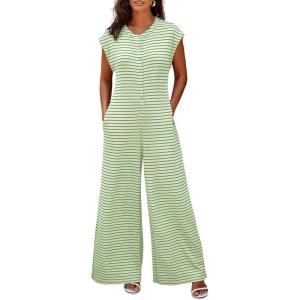 imageCicy Bell Womens Casual Striped Jumpsuits Wide Leg Cap Sleeve Summer Jumper Crew Neck Button Down Waffle Knit OutfitsLight Green