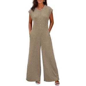 imageCicy Bell Womens Casual Striped Jumpsuits Wide Leg Cap Sleeve Summer Jumper Crew Neck Button Down Waffle Knit OutfitsLight Khaki