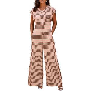 imageCicy Bell Womens Casual Striped Jumpsuits Wide Leg Cap Sleeve Summer Jumper Crew Neck Button Down Waffle Knit OutfitsRed