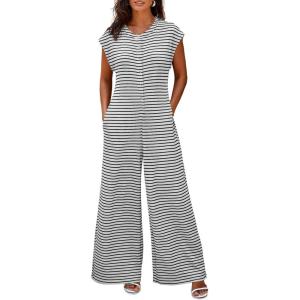 imageCicy Bell Womens Casual Striped Jumpsuits Wide Leg Cap Sleeve Summer Jumper Crew Neck Button Down Waffle Knit OutfitsWhite