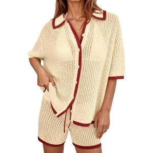 imageCicy Bell Womens Color Block 2 Piece Outfits Summer Sweater Set Short Sleeve Tops and Shorts Vacation Casual Knit Lounge SetsBeige