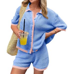 imageCicy Bell Womens Color Block 2 Piece Outfits Summer Sweater Set Short Sleeve Tops and Shorts Vacation Casual Knit Lounge SetsBlue