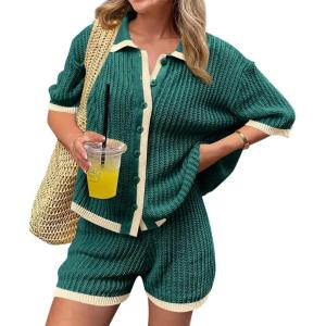 imageCicy Bell Womens Color Block 2 Piece Outfits Summer Sweater Set Short Sleeve Tops and Shorts Vacation Casual Knit Lounge SetsDeep Green